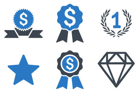 Award vector icons. Icon style is bicolor smooth blue flat symbols with rounded angles on a white background.のイラスト素材