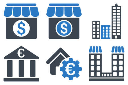 Bank Building vector icons. Icon style is bicolor smooth blue flat symbols with rounded angles on a white background.のイラスト素材