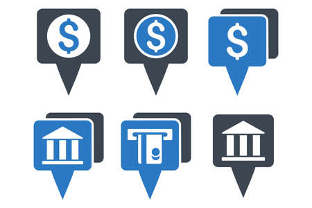 Bank Map Pointers vector icons. Icon style is bicolor smooth blue flat symbols with rounded angles on a white background.のイラスト素材