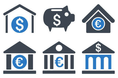 Bank vector icons. Icon style is bicolor smooth blue flat symbols with rounded angles on a white background.のイラスト素材