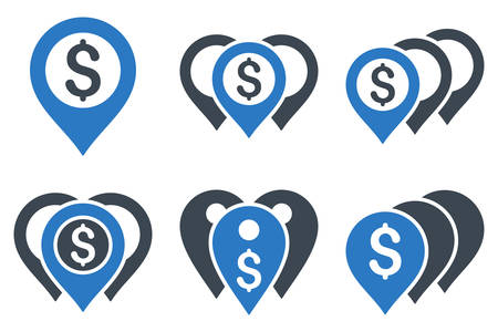 Money Map Markers vector icons. Icon style is bicolor smooth blue flat symbols with rounded angles on a white background.のイラスト素材