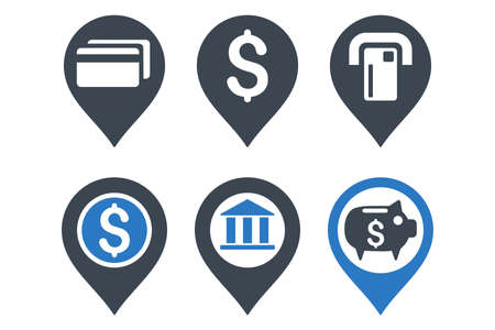 Banking Map Pointer vector icons. Icon style is bicolor smooth blue flat symbols with rounded angles on a white background.のイラスト素材
