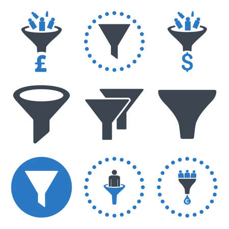 Sales Funnel glyph icons. Icon style is bicolor smooth blue flat symbols with rounded angles on a white background.の写真素材