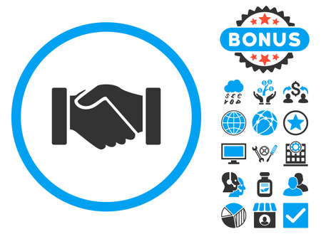 Acquisition Handshake icon with bonus. Vector illustration style is flat iconic bicolor symbols, blue and gray colors, white background.のイラスト素材