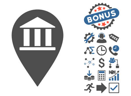 Bank Building Pin pictograph with bonus symbols. Vector illustration style is flat iconic bicolor symbols, cobalt and gray colors, white background.のイラスト素材