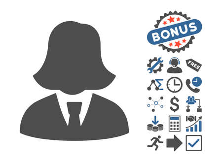 Business Lady pictograph with bonus pictograph collection. Vector illustration style is flat iconic bicolor symbols, cobalt and gray colors, white background.のイラスト素材