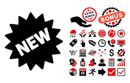 New Sticker pictograph with bonus icon set. Vector illustration style is flat iconic bicolor symbols, intensive red and black colors, white background.のイラスト素材