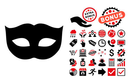 Privacy Mask icon with bonus symbols. Vector illustration style is flat iconic bicolor symbols, intensive red and black colors, white background.のイラスト素材