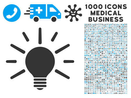 Light Bulb icon with 1000 medical commercial gray and blue glyph pictographs. Design style is flat bicolor symbols, white background.の写真素材