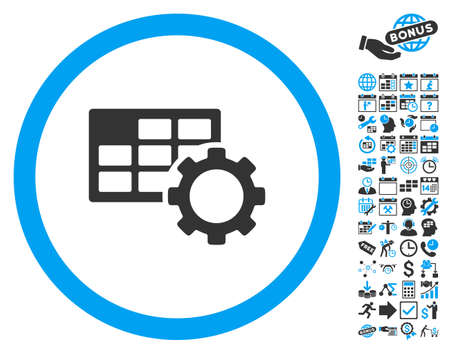 Schedule Settings icon with bonus calendar and time management pictures. Glyph illustration style is flat iconic bicolor symbols, blue and gray colors, white background. Schedule Settings icon with bonus calendar and time management pictures. Glyph illustration style is flat iconic bicolor symbols, blue and gray colors, white background.
