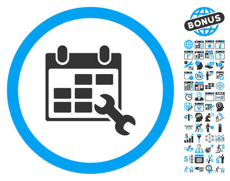 Wrench Configure Timetable icon with bonus calendar and time management images. Glyph illustration style is flat iconic bicolor symbols, blue and gray colors, white background. Wrench Configure Timetable icon with bonus calendar and time management images. Glyph illustration style is flat iconic bicolor symbols, blue and gray colors, white background.