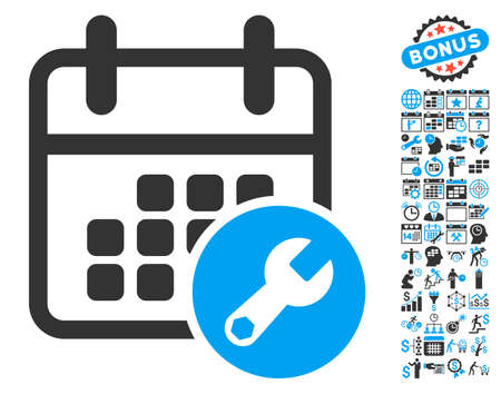 Calendar Setup pictograph with bonus calendar and time management graphic icons. Glyph illustration style is flat iconic bicolor symbols, blue and gray colors, white background. Calendar Setup pictograph with bonus calendar and time management graphic icons. Glyph illustration style is flat iconic bicolor symbols, blue and gray colors, white background.