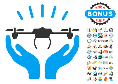 Drone Launch Hands pictograph with bonus 2017 new year icon set. Vector illustration style is flat iconic symbols, blue and gray colors, white background.のイラスト素材