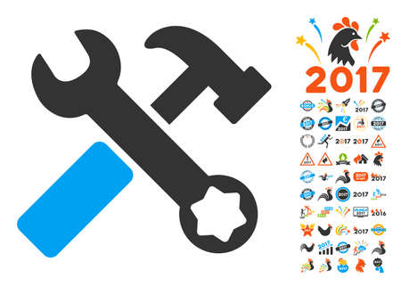 Hammer and Wrench pictograph with bonus 2017 new year pictograms. Vector illustration style is flat iconic symbols,modern colors, rounded edges.のイラスト素材