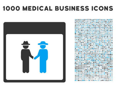 Blue And Gray Men Handshake Calendar Page glyph icon with 1000 medical business pictograms. Set style is flat bicolor symbols, blue and gray colors, white background.の写真素材
