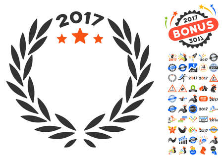 2017 Laurel Wreath pictograph with bonus 2017 new year icon set. Vector illustration style is flat iconic symbols,modern colors.のイラスト素材