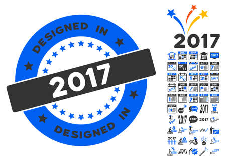 Designed in 2017 Year Stamp pictograph with bonus 2017 new year icon set. Vector illustration style is flat iconic symbols,modern colors.のイラスト素材