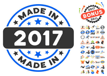 Made in 2017 Round Seal pictograph with bonus 2017 new year icon set. Vector illustration style is flat iconic symbols,modern colors.のイラスト素材