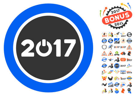 Start 2017 Year Round Button icon with bonus 2017 new year pictograms. Vector illustration style is flat iconic symbols,modern colors.のイラスト素材