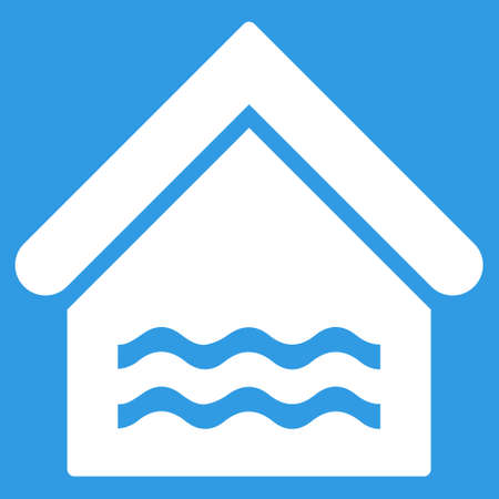 Water Pool icon. Glyph style is flat iconic symbol, white color, blue background.の写真素材