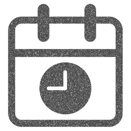 Date and Time grainy textured icon for overlay watermark stamps. Flat symbol with scratched texture. Dotted glyph gray ink rubber seal stamp with grunge design on a white background.の写真素材