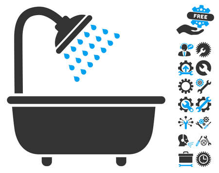 Bath Shower pictograph with bonus service pictograms. Glyph illustration style is flat iconic blue and gray symbols on white background.の写真素材