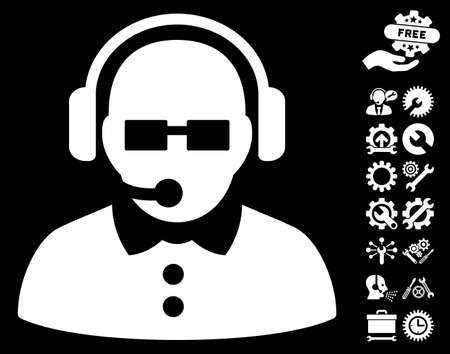 Female Operator pictograph with bonus tools icon set. Vector illustration style is flat iconic symbols on white background.のイラスト素材