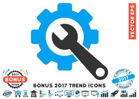 Blue And Gray Gear And Wrench pictogram with bonus 2017 year trend clip art. Vector illustration style is flat iconic bicolor symbols, white background.のイラスト素材