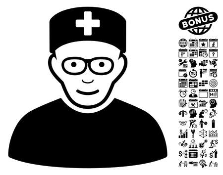 Medical Specialist icon with bonus business, time management and calendar design elements. Vector illustration style is flat iconic symbols, black color, white background.のイラスト素材