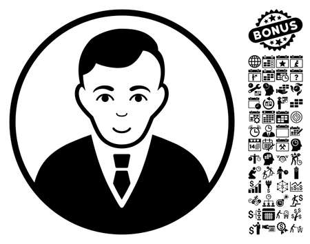 Rounded Gentleman icon with bonus business, time management and calendar pictograph collection. Vector illustration style is flat iconic symbols, black color, white background.のイラスト素材