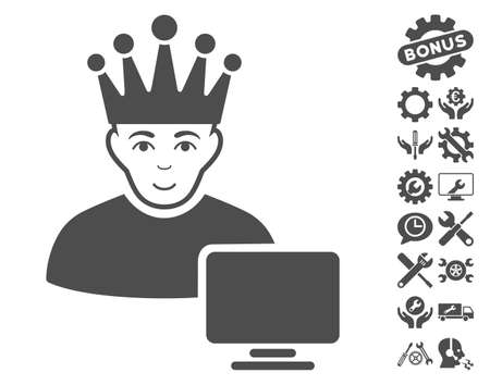 Computer Moderator icon with bonus service pictures. Vector illustration style is flat iconic gray symbols on white background.のイラスト素材