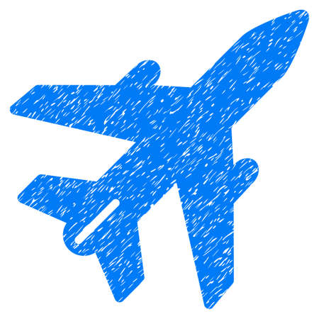 Airplane grainy textured icon for overlay watermark stamps. Flat symbol with dirty texture. Dotted vector blue ink rubber seal stamp with grunge design on a white background.のイラスト素材