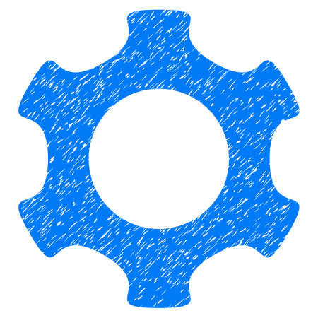 Gear grainy textured icon for overlay watermark stamps. Flat symbol with unclean texture. Dotted vector blue ink rubber seal stamp with grunge design on a white background.のイラスト素材