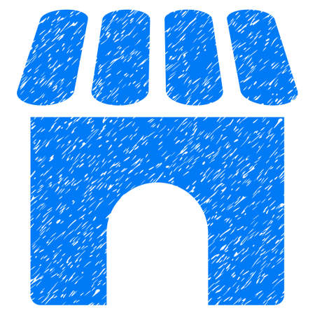 Shop grainy textured icon for overlay watermark stamps. Flat symbol with scratched texture. Dotted vector blue ink rubber seal stamp with grunge design on a white background.のイラスト素材