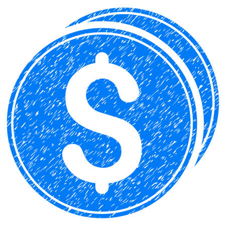 Dollar Coins grainy textured icon for overlay watermark stamps. Flat symbol with scratched texture. Dotted vector blue ink rubber seal stamp with grunge design on a white background.のイラスト素材