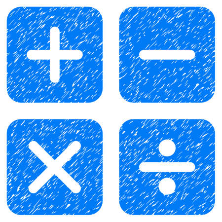 Calculator grainy textured icon for overlay watermark stamps. Flat symbol with dirty texture. Dotted vector blue ink rubber seal stamp with grunge design on a white background.のイラスト素材
