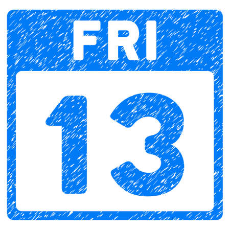 13 Friday Calendar Page grainy textured icon for overlay watermark stamps. Flat symbol with unclean texture. Dotted vector blue ink rubber seal stamp with grunge design on a white background.のイラスト素材
