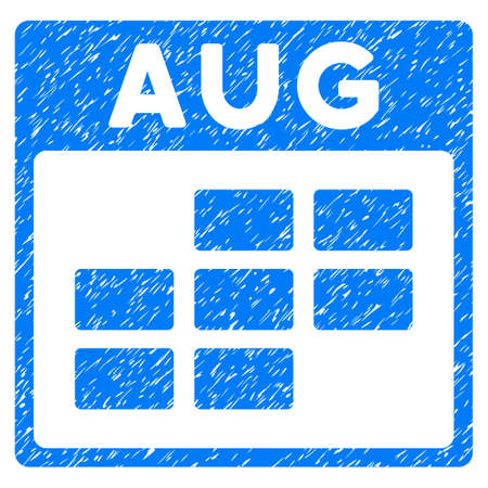 August Calendar Grid grainy textured icon for overlay watermark stamps. Flat symbol with dust texture. Dotted vector blue ink rubber seal stamp with grunge design on a white background.のイラスト素材