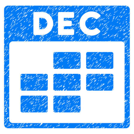 December Calendar Grid grainy textured icon for overlay watermark stamps. Flat symbol with unclean texture. Dotted vector blue ink rubber seal stamp with grunge design on a white background.のイラスト素材