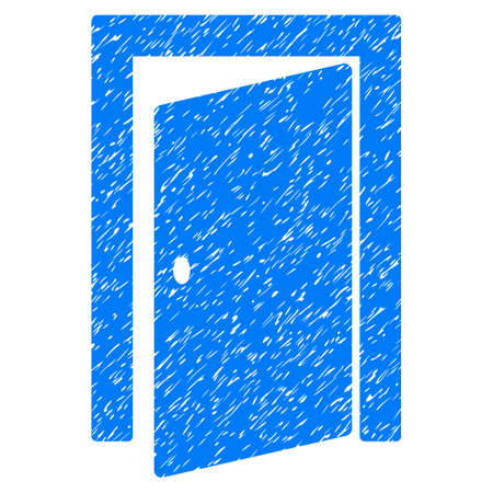 Door grainy textured icon for overlay watermark stamps. Flat symbol with dust texture. Dotted glyph blue ink rubber seal stamp with grunge design on a white background.の写真素材