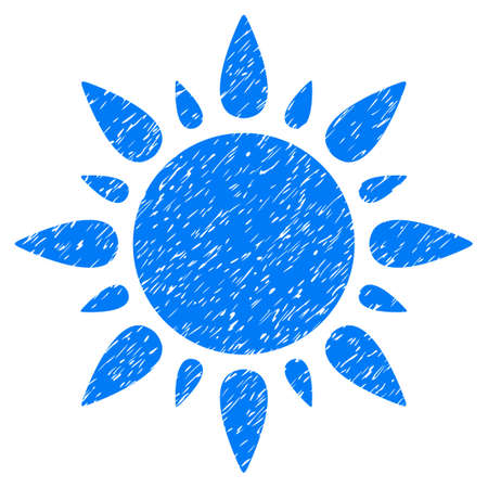Sun grainy textured icon for overlay watermark stamps. Flat symbol with unclean texture. Dotted glyph blue ink rubber seal stamp with grunge design on a white background.の写真素材