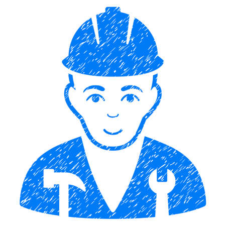 Serviceman grainy textured icon for overlay watermark stamps. Flat symbol with dust texture. Dotted glyph blue ink rubber seal stamp with grunge design on a white background.の写真素材