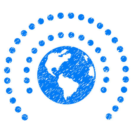 Earth Sphere Shield grainy textured icon for overlay watermark stamps. Flat symbol with unclean texture. Dotted vector blue ink rubber seal stamp with grunge design on a white background.のイラスト素材