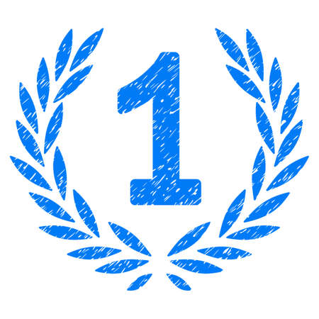 First Laurel Wreath grainy textured icon for overlay watermark stamps. Flat symbol with scratched texture. Dotted vector blue ink rubber seal stamp with grunge design on a white background.のイラスト素材