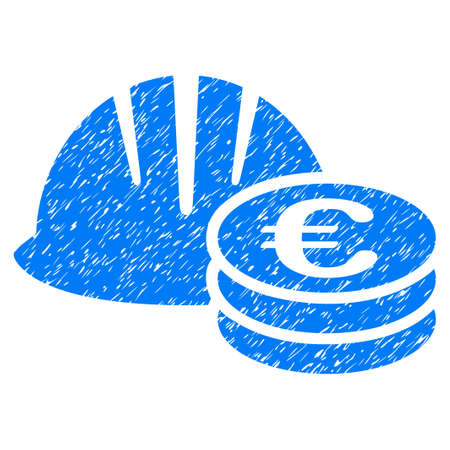 Helmet And Euro Coins grainy textured icon for overlay watermark stamps. Flat symbol with unclean texture. Dotted vector blue ink rubber seal stamp with grunge design on a white background.のイラスト素材