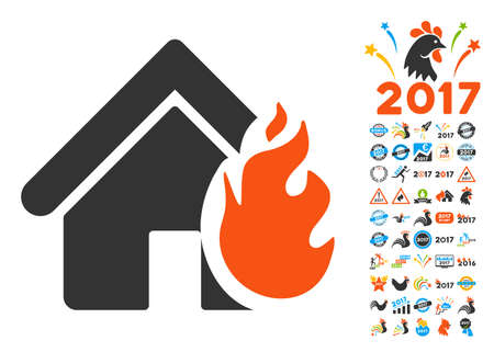 Realty Fire Damage pictograph with bonus 2017 new year images. Vector illustration style is flat iconic symbols,modern colors.のイラスト素材