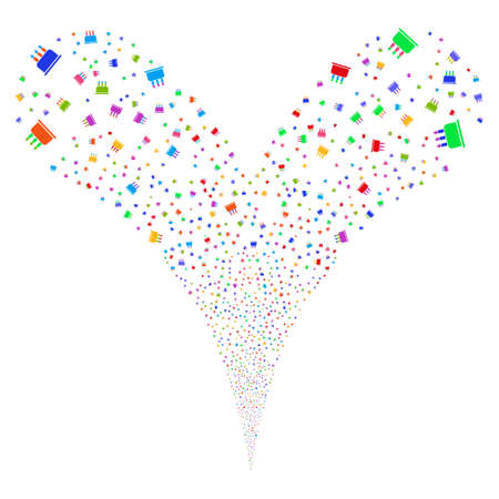 Birthday Cake fireworks stream. Vector illustration style is flat bright multicolored iconic symbols on a white background. Object double fountain organized from random pictographs.のイラスト素材