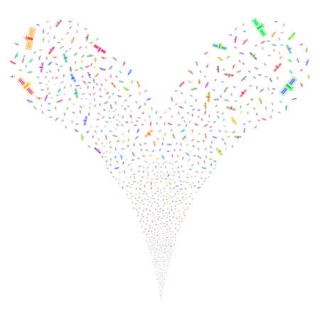 Satellite fireworks stream. Vector illustration style is flat bright multicolored iconic symbols on a white background. Object double fountain combined from random icons.のイラスト素材