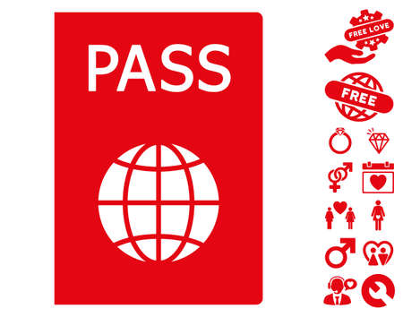 Passport icon with bonus love symbols. Vector illustration style is flat iconic red symbols on white background.のイラスト素材