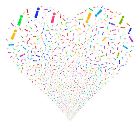 Vektor für Exclamation Sign fireworks with heart shape. Vector illustration style is flat bright multicolored iconic symbols on a white background. Object heart organized from confetti pictograms. - Lizenzfreies Bild